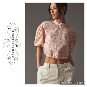 🦋Anthropologie Peach Cotton Poplin Prairie Floral Crop Top w/Bubble Sleeves🦋